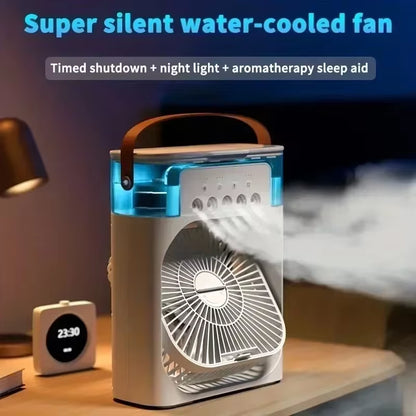 Water Mist Electric Fan & Air Humidifier with LED Night Light – Portable Triple Cooler for Home & Family Use 