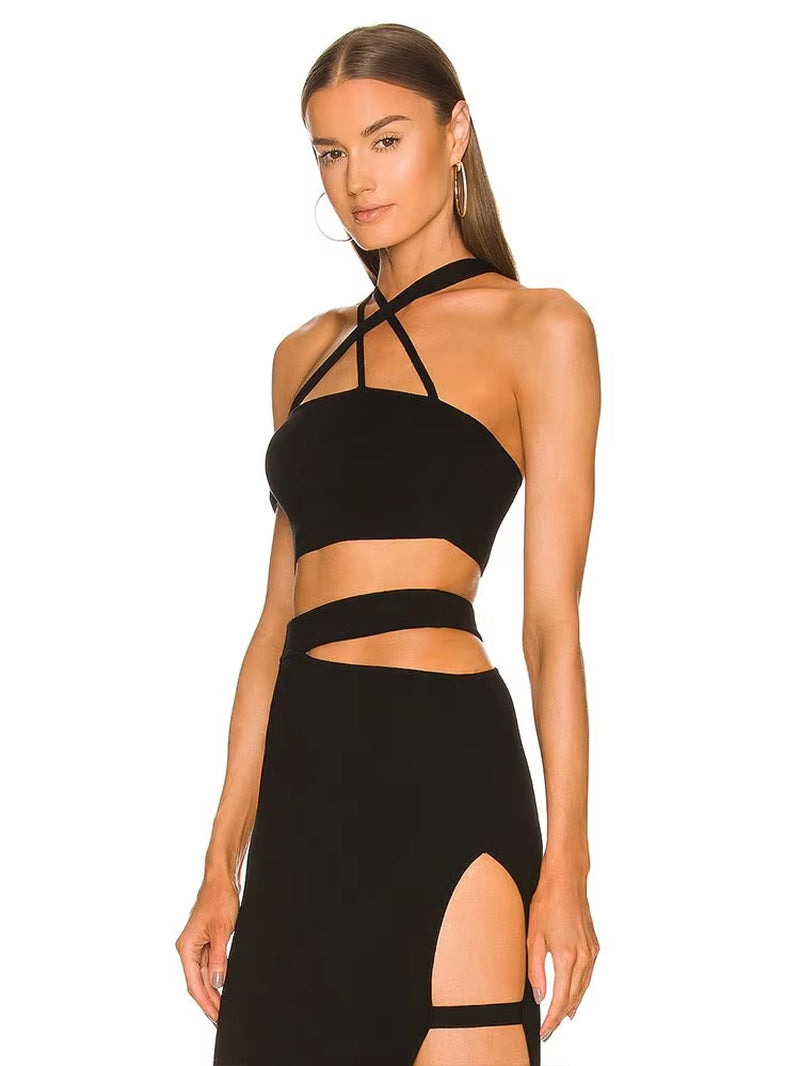 Women's Bandage Suit – Sexy 2-Piece Cut-Out Crop Top & Midi Skirt Party Outfit