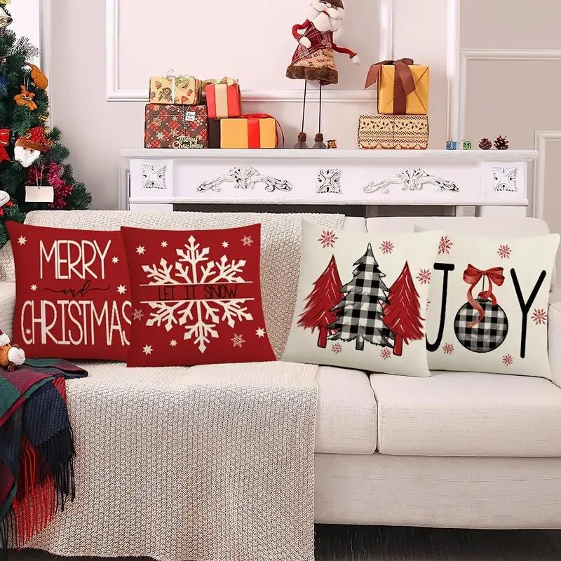 Christmas Themed Cushion Covers - Set of 4 | Merry Christmas, Snowflake & Tree Patterns | Festive Home Decor Without Filler