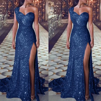 Elegant Wedding Party Dress for Women – Sexy Deep V-Neck One-Shoulder Sequined Sleeveless Long Maxi Dress