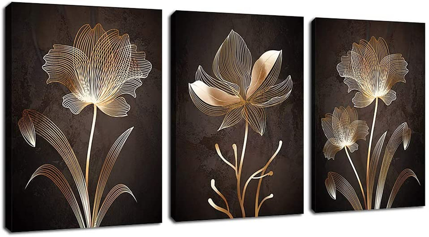 Abstract Wall Art Brown Flowers | Minimalist Canvas Flower Artwork for Bedroom, Bathroom, Living Room Decor - 12" x 16" x 3 Pieces