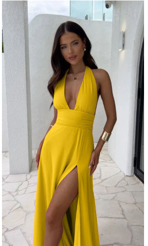 Sexy Halterneck V-Neck Slit Dress | Summer Backless Strappy Skirt for Women | Fashionable & Elegant Clothing