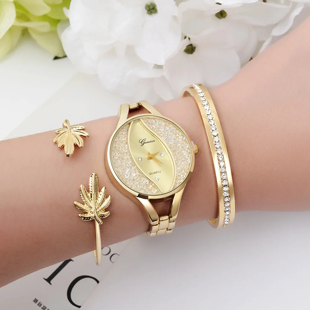 Women's Diamond Wristwatch & Bangle Bracelet Jewelry Set - Elegant Analog Quartz Watch for Ladies