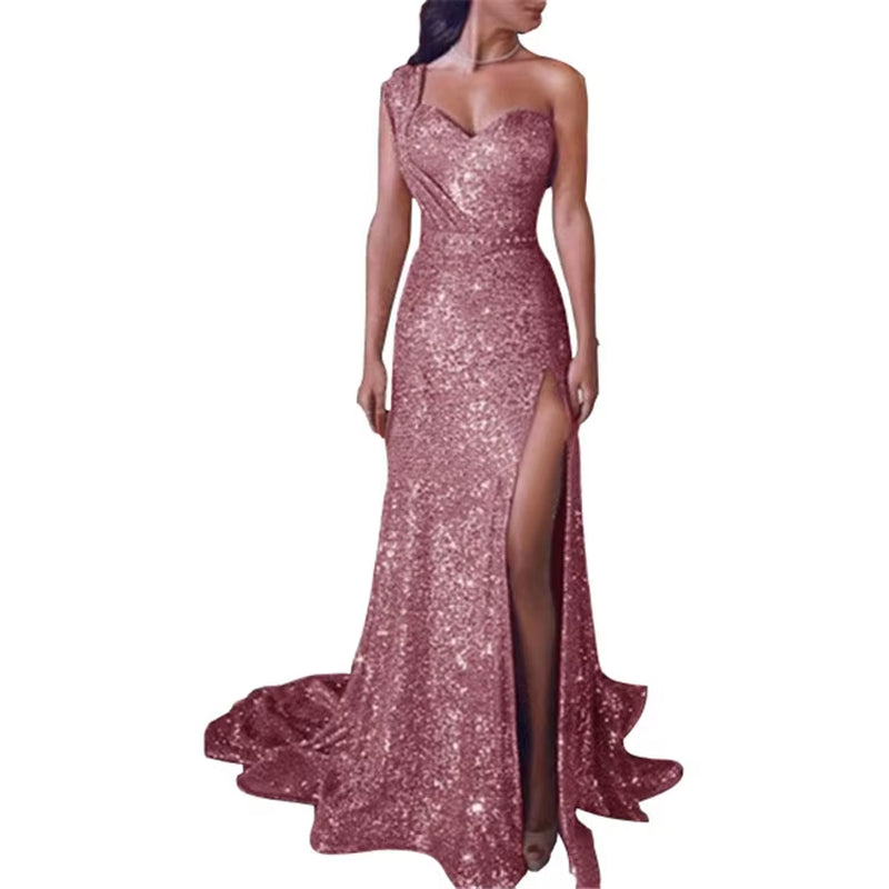 Elegant Wedding Party Dress for Women – Sexy Deep V-Neck One-Shoulder Sequined Sleeveless Long Maxi Dress