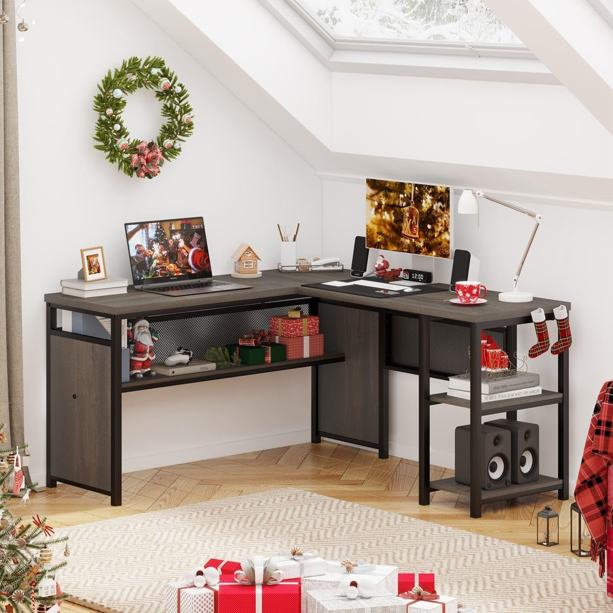 L-Shaped Industrial Computer Desk | Reversible 59" Home Office Desk with Shelves - Walnut Brown