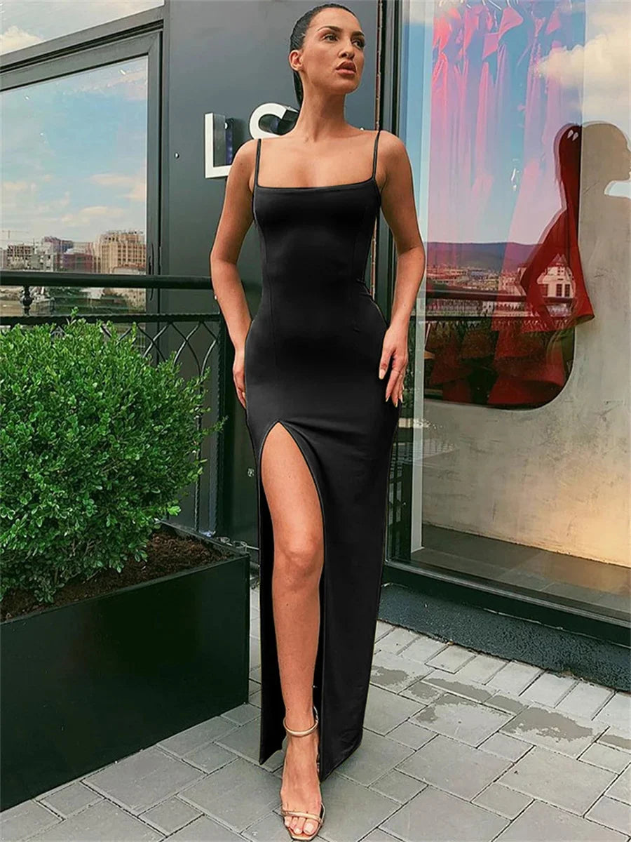 Women’s Summer Sexy Bodycon Dress - Spaghetti Strap, Sleeveless, Split Solid Color Sheath Dress | Stylish Vestidos for Ladies