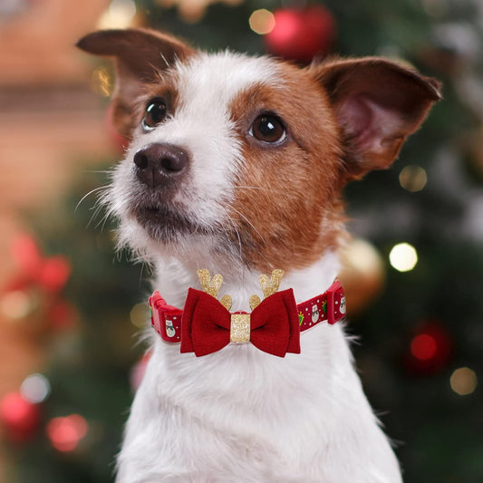 Adjustable Christmas Dog Collar with Antler Bow Tie & Snowman Design - Festive Collar for Medium Dogs