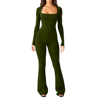 Women's Long Sleeve Waist Shaping & Hip Lift Jumpsuit - Square Collar, Wide Leg, High Elastic Fit